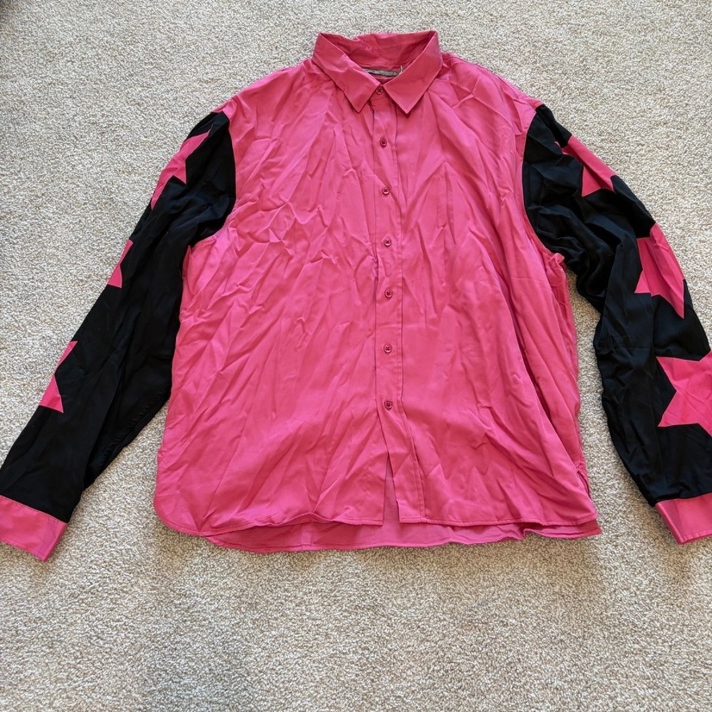 Denim Tears Button Up Shirt Mens L Pink Star Sleeve Lined Eclectic Funky Retro‎